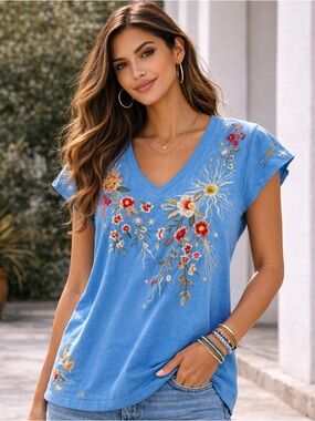 Johnny Was Lissa Flutter Sleeve Tee Blue Embroidered XS